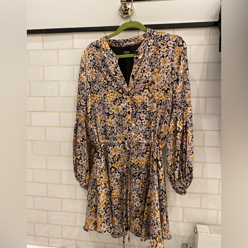 Vici Collection Floral Satin Smocked Long Sleeve Dress